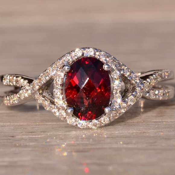 Checkerboard Cut Garnet and Diamond Diamond Ring in White Gold